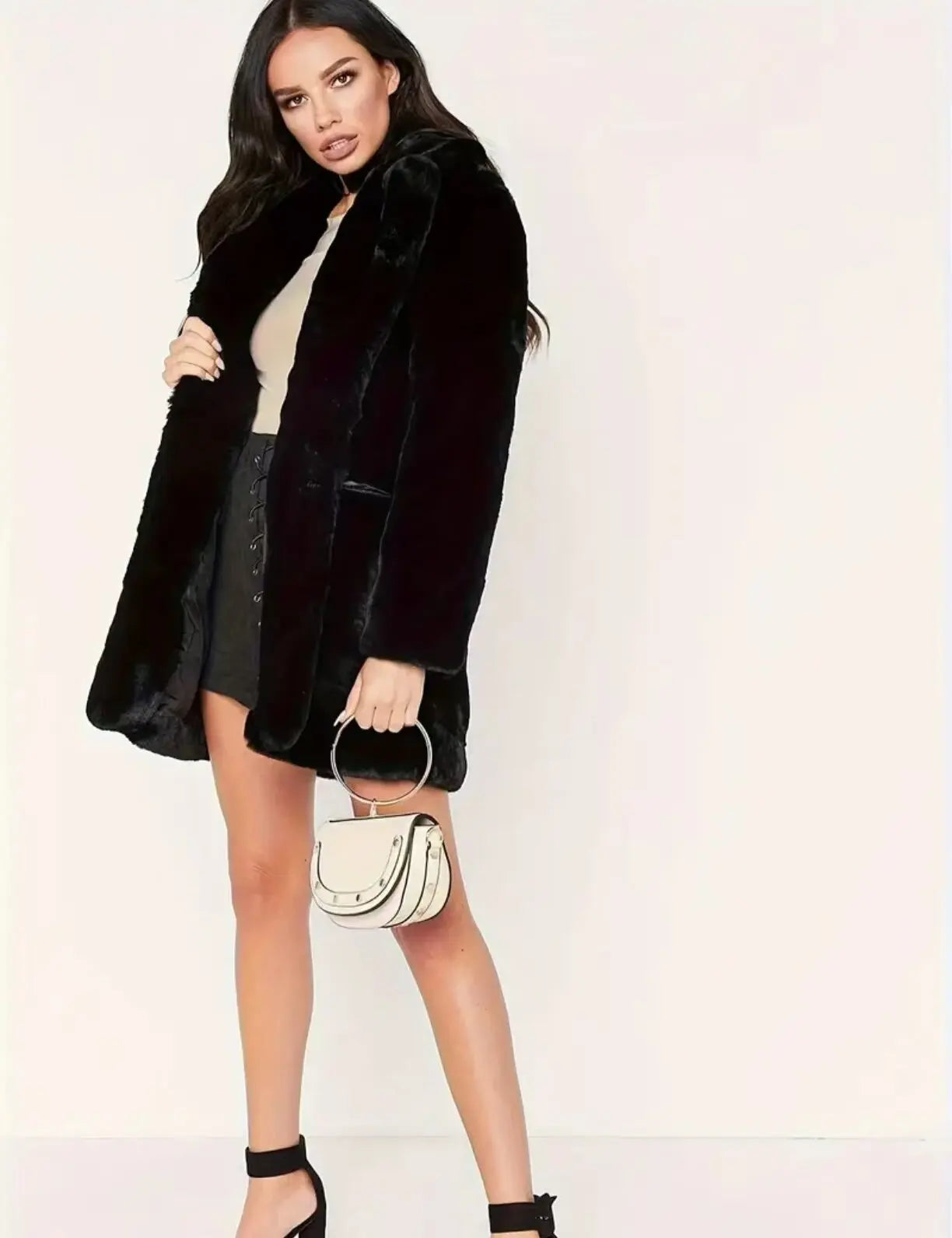 Manteau en fausse fourrure pour femme, doux, noir, rose, manches longues, patte avant, cardigan, ample, coupe régulière, manteau décontracté, automne-hiver