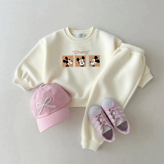 Costumes à manches longues Mickey Mouse imprimé sweats + pantalons deux pièces automne vêtements beaux sweats à capuche couleur unie pantalon enfant