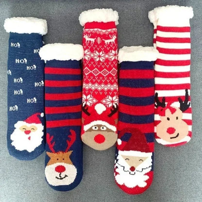 Cadeau de noël pantoufle chaussettes femmes thermique hiver chaud en peluche antidérapant poignée dormir sol chaussette courte floue moelleux femme dessin animé