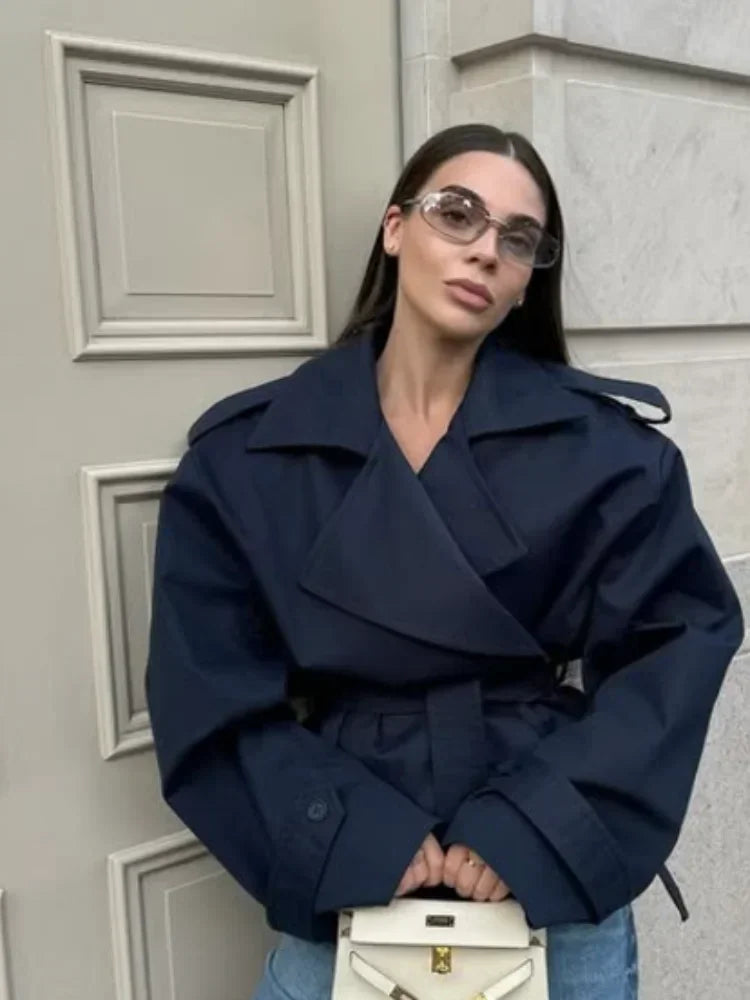 Trench-Coat court à lacets pour femme, décontracté, avec ceinture à revers, manches longues, boutons, court et fin, coupe-vent, Streetwear quotidien d'automne