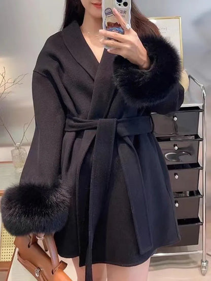 DFDG-Manteau court en laine cachemire pour femme, revers à lacets, tempérament de la mode, nouvelle collection, automne et hiver 2024