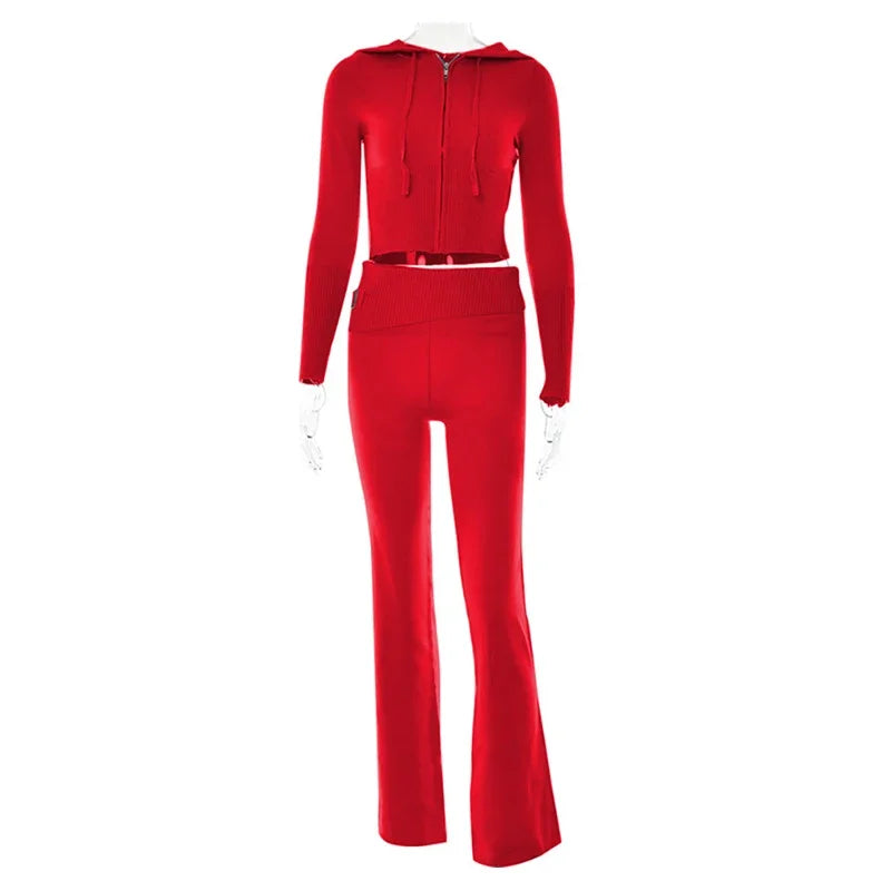 Tenue 2 pièces en tricot côtelé pour femmes, manches longues, fermeture éclair, coupe cintrée, haut court à capuche, pantalon Long élastique, ensemble survêtements Y2K