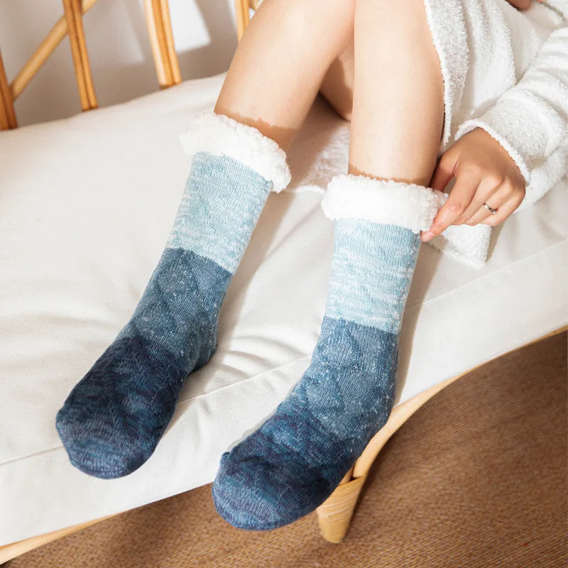 Chaussettes chaudes pour chambre à coucher, tapis pour enfants et adultes, doublées de polaire, en laine d'agneau, pantoufles de Confinement, chaussettes de neige pour les pieds