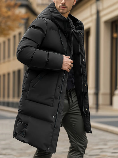 Manteau d'hiver épais pour hommes, veste coupe-vent pour temps froid avec fermeture éclair pleine longueur, longue formalité à capuche, grandes poches avant