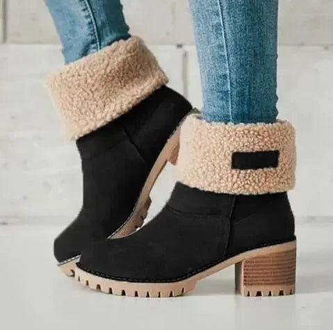 Bottes de neige doublées en polaire pour femmes, grande taille, bout rond, talon moyen, semelle extérieure en caoutchouc, chaud d'hiver, Style décontracté, chaussons en cuir et fourrure