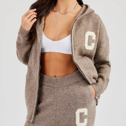 Ensemble Cardigan et pantalon en tricot pour femmes, décontracté, capuche, fermeture éclair, manches longues, manteau ample, pantalon droit, mode dame, costume 2 pièces, automne 2025