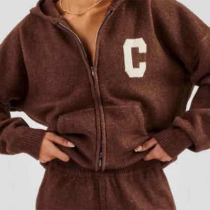 Ensemble Cardigan et pantalon en tricot pour femmes, décontracté, capuche, fermeture éclair, manches longues, manteau ample, pantalon droit, mode dame, costume 2 pièces, automne 2025