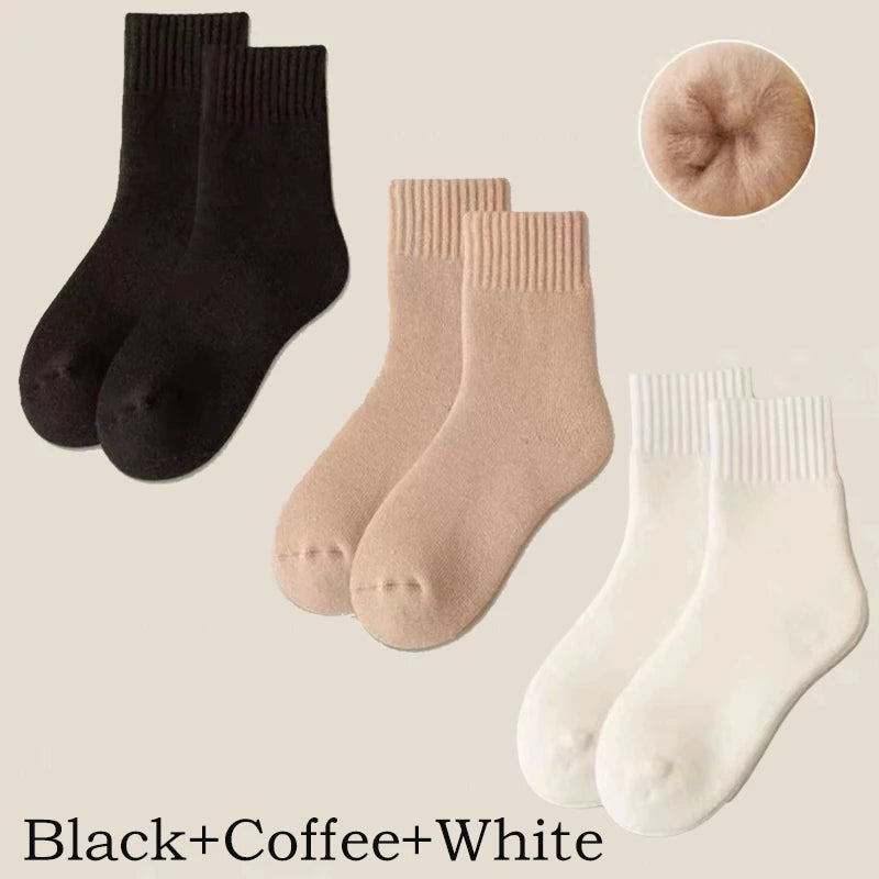 3 paires de chaussettes en laine pour femmes, bottes de neige chaudes et épaisses, couleur Markron, peluche, poilues, douces, Tube moyen, chaussettes de sommeil au sol, blanches, hiver