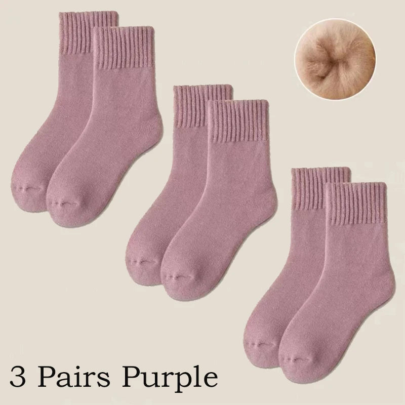 3 paires de chaussettes en laine pour femmes, bottes de neige chaudes et épaisses, couleur Markron, peluche, poilues, douces, Tube moyen, chaussettes de sommeil au sol, blanches, hiver