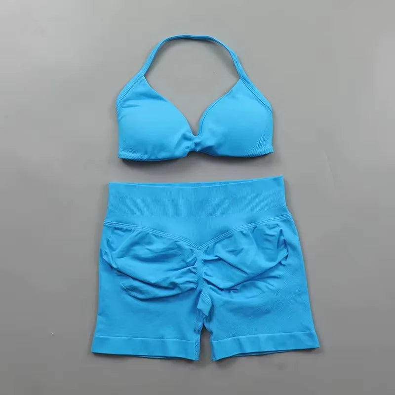 Ensemble de Yoga froncé sans couture pour femmes, vêtements de sport, short de gymnastique, soutien-gorge à bretelles, ensemble 2 pièces, col licou, vêtements d'entraînement, costume de Fitness