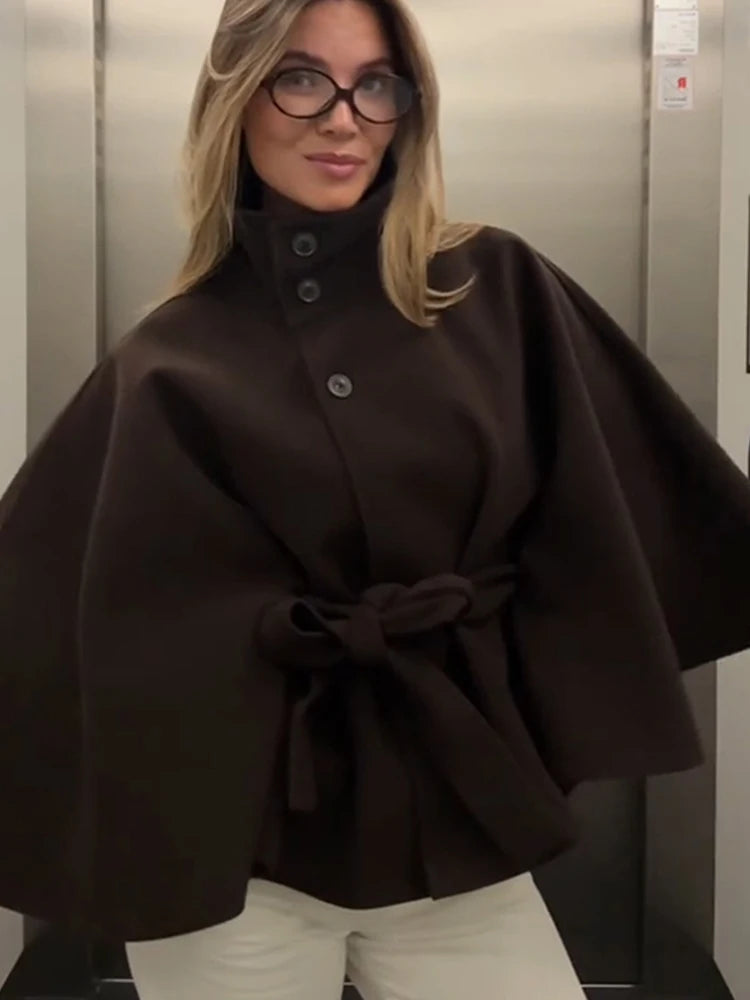 Manteau femme Cape courte manteaux pour femmes ceinture fausse laine et mélanges manteaux automne hiver solide manteaux élégant Cape veste dames