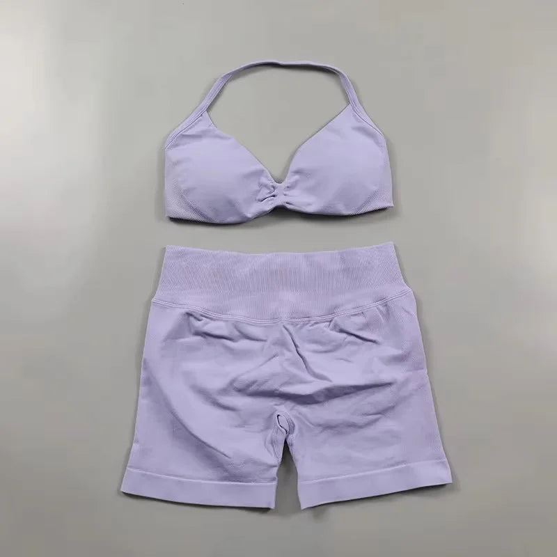 Ensemble de Yoga froncé sans couture pour femmes, vêtements de sport, short de gymnastique, soutien-gorge à bretelles, ensemble 2 pièces, col licou, vêtements d'entraînement, costume de Fitness