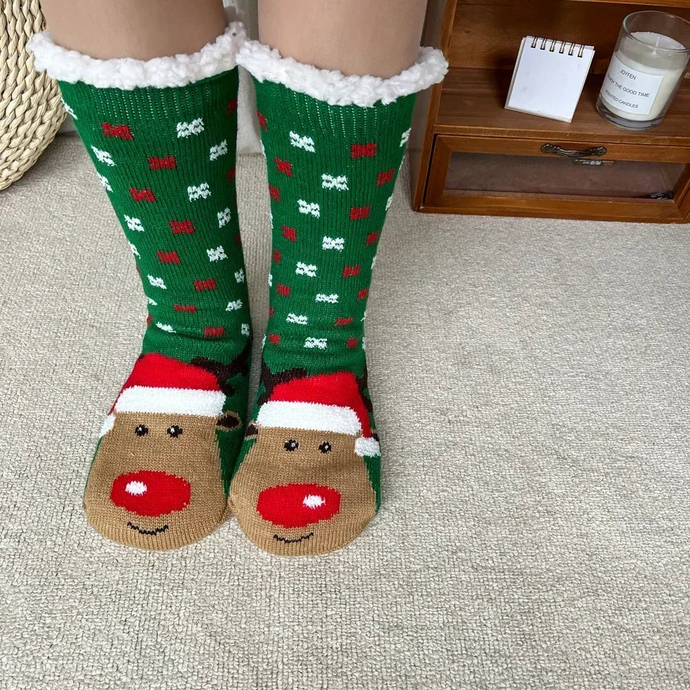 Cadeau de noël pantoufle chaussettes femmes thermique hiver chaud en peluche antidérapant poignée dormir sol chaussette courte floue moelleux femme dessin animé