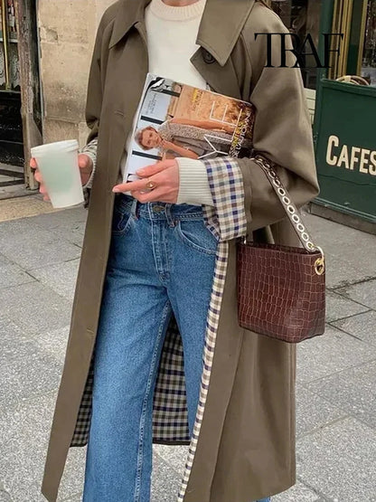 Manteau trench long à la mode pour femmes Automne et hiver Manteau à revers à manches longues et à boutonnage unique Manteau de rue simple, ample et de couleur pure