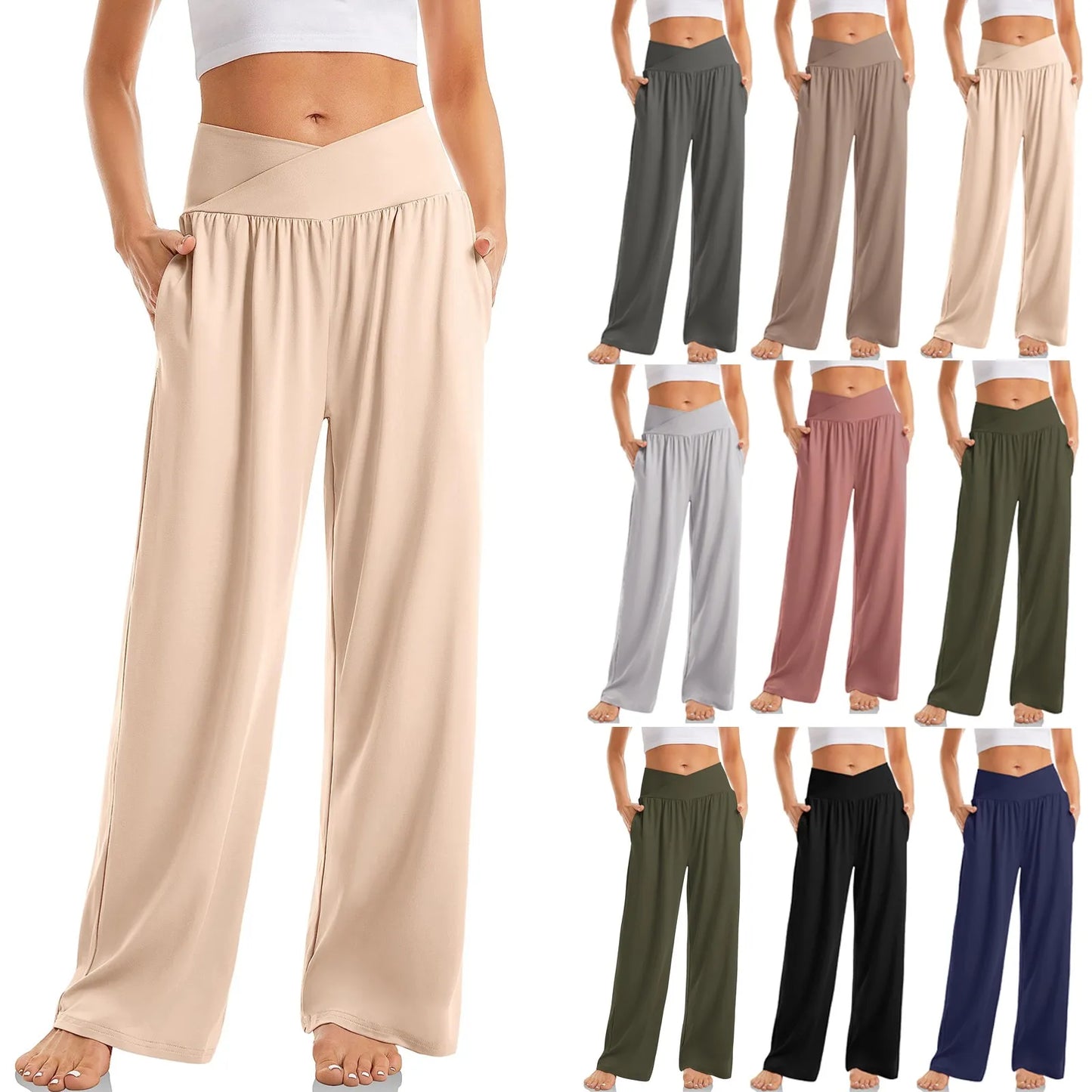 Pantalon à Jambes Larges pour Femme, Survêtement de Yoga, Fitness, Jogging, Taille Haute, Couleur Unie, Document B