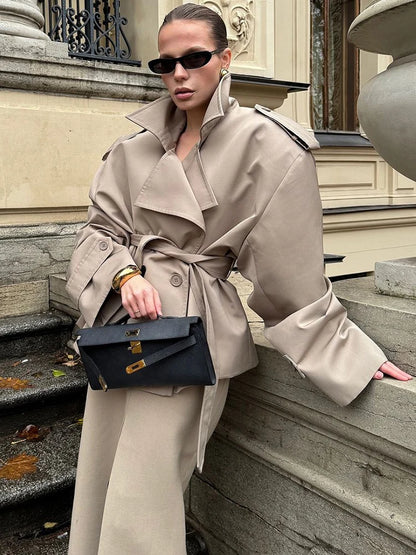 Trench-Coat court à lacets pour femme, décontracté, avec ceinture à revers, manches longues, boutons, court et fin, coupe-vent, Streetwear quotidien d'automne