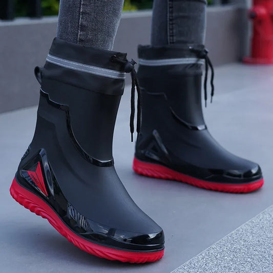 Chaussures de pluie imperméables pour hommes, chaussures de travail d'extérieur antidérapantes, doublées de polaire, bottes de pluie chaudes en coton, chaussures de cuisine pour hommes