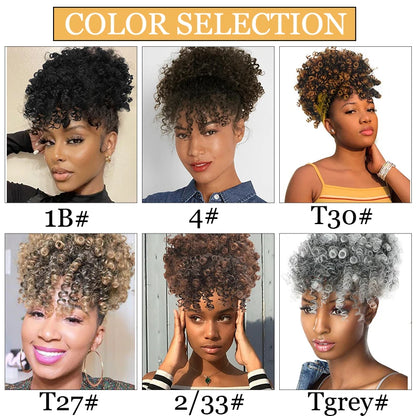 Afro Puff Kinky Curly Hair Updo Ponytail Extension with Bangs Drawstring Ponytail for Women Black, Synthetic Hair Ponytail
