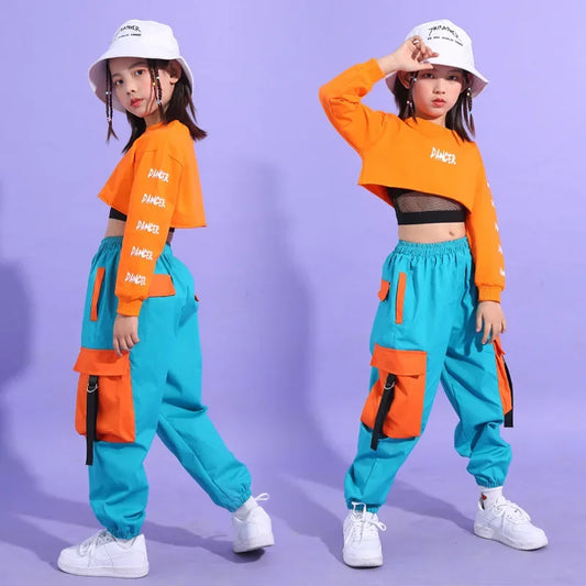 Hip Hop filles haut court contraste Cargo pantalon enfant Jazz Joggers Streetwear sweat enfants rue danse pom-pom girl vêtements ensembles