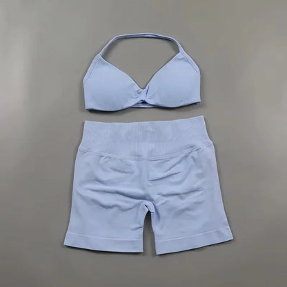 Ensemble de Yoga froncé sans couture pour femmes, vêtements de sport, short de gymnastique, soutien-gorge à bretelles, ensemble 2 pièces, col licou, vêtements d'entraînement, costume de Fitness