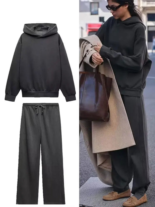 HH femmes solide décontracté sweat pantalon costume à manches longues à capuche polaire pull manteau ample pantalon droit automne femme ensemble
