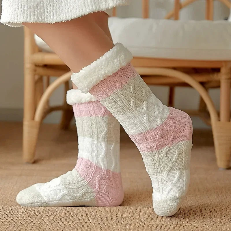 Chaussette thermique floue pour femme, poignée en peluche, chanvre, douce, pour l'hiver, pour la maison, l'intérieur, la chambre à coucher, antidérapante, moelleuse et épaisse, pantoufles de sol