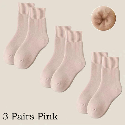 3 paires de chaussettes en laine pour femmes, bottes de neige chaudes et épaisses, couleur Markron, peluche, poilues, douces, Tube moyen, chaussettes de sommeil au sol, blanches, hiver