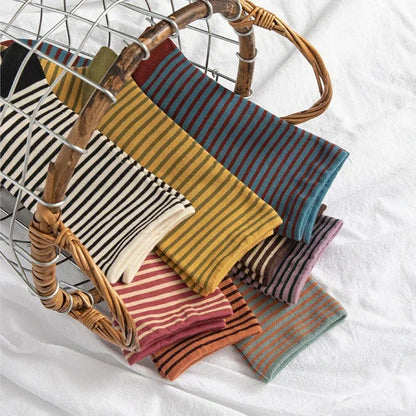 Chaussettes rétro rayées pour femmes, tube moyen, bas en coton, chaussettes coréennes, chaussettes japonaises, printemps et automne