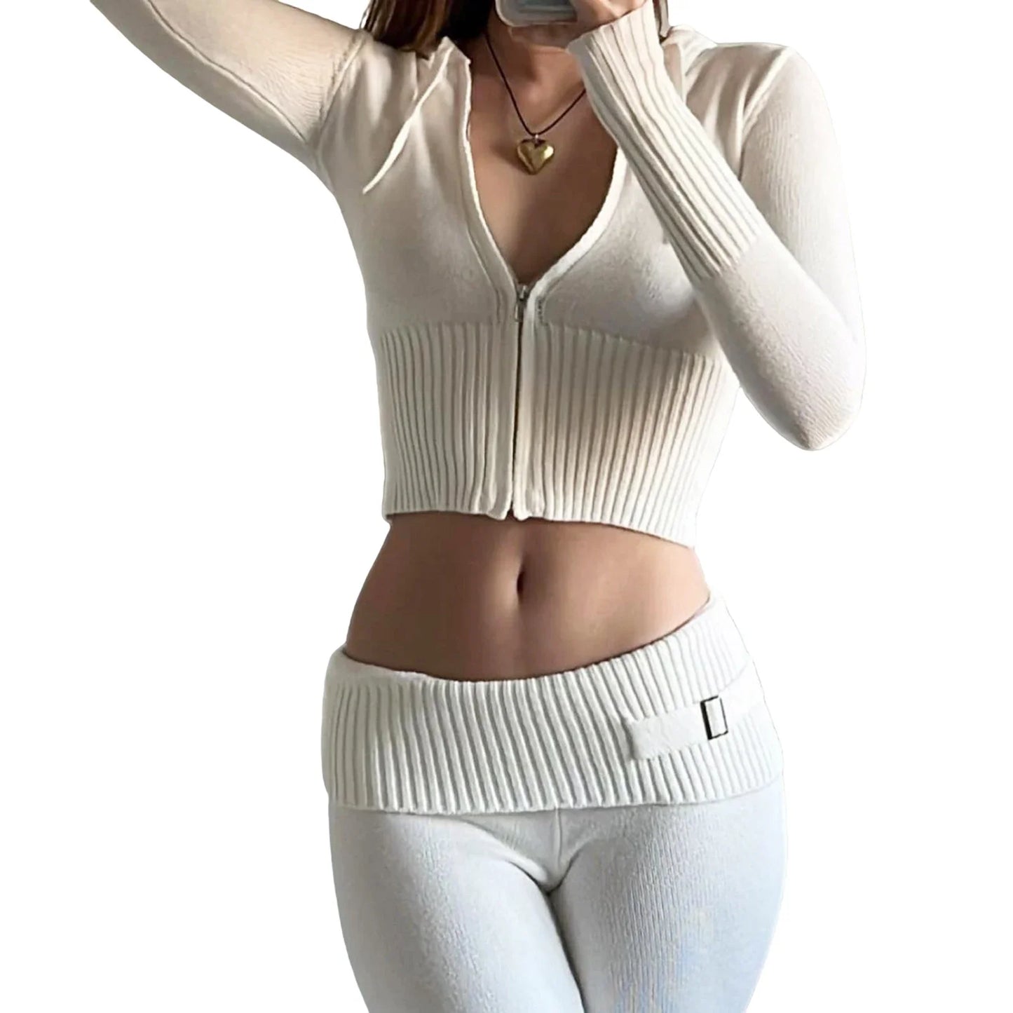 Tenue 2 pièces en tricot côtelé pour femmes, manches longues, fermeture éclair, coupe cintrée, haut court à capuche, pantalon Long élastique, ensemble survêtements Y2K