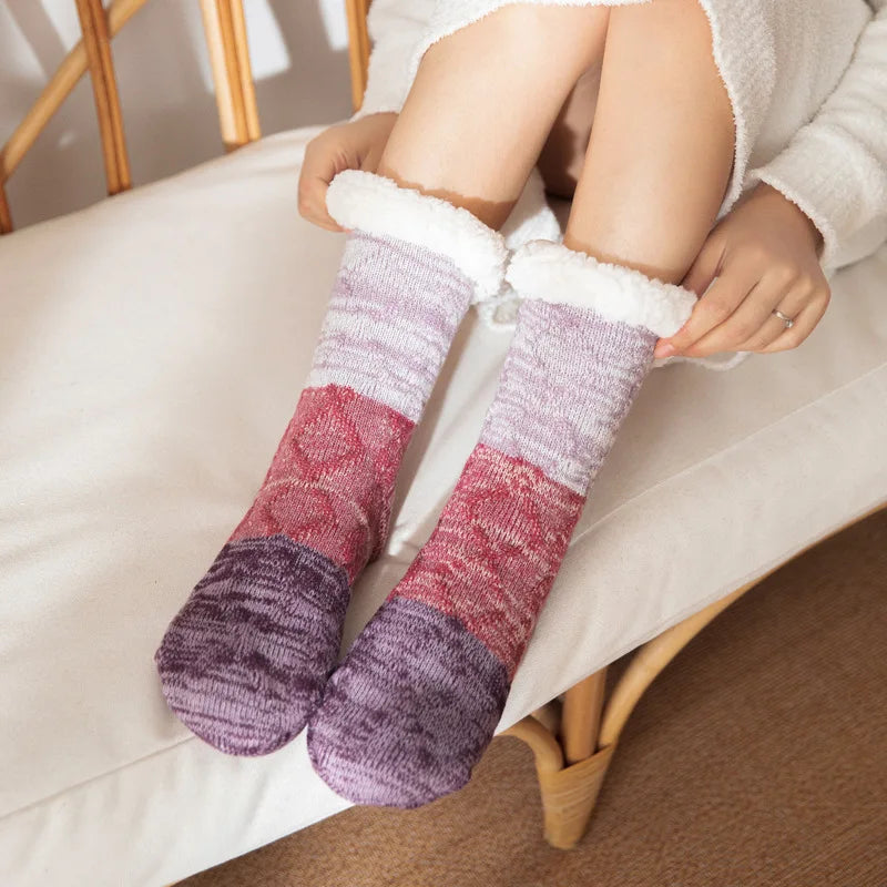 Chaussettes chaudes pour chambre à coucher, tapis pour enfants et adultes, doublées de polaire, en laine d'agneau, pantoufles de Confinement, chaussettes de neige pour les pieds