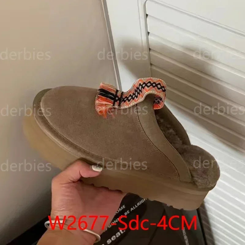 Bottes de neige chaudes à plateforme pour femme, chaussures rehaussantes en peau de mouton à semelles épaisses, en vraie laine de mouton, collection hiver 2025