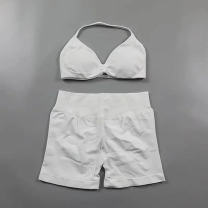 Ensemble de Yoga froncé sans couture pour femmes, vêtements de sport, short de gymnastique, soutien-gorge à bretelles, ensemble 2 pièces, col licou, vêtements d'entraînement, costume de Fitness