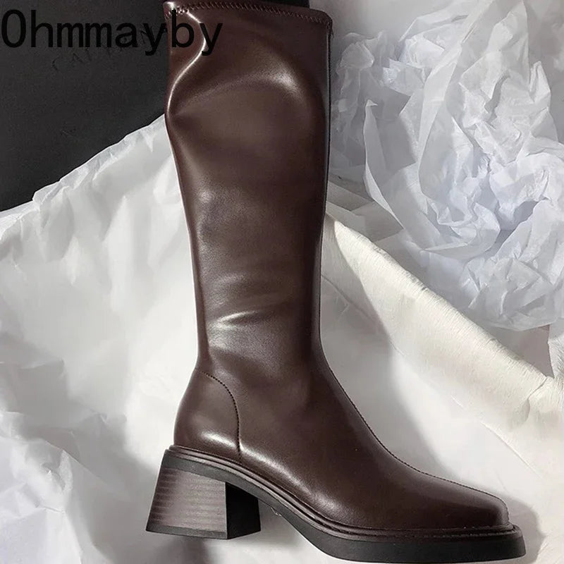 Vintage talon épais femmes genou bottes hautes mode fermetures éclair latérales chaussures automne hiver dames concis longues Botas De Mujer