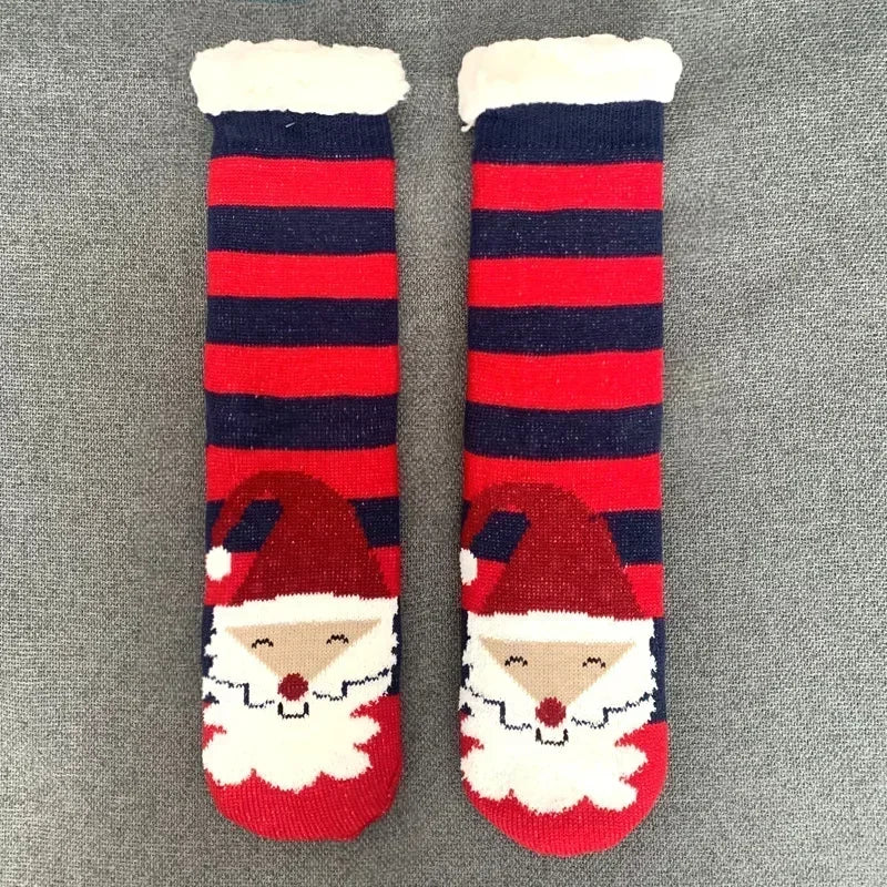 Cadeau de noël pantoufle chaussettes femmes thermique hiver chaud en peluche antidérapant poignée dormir sol chaussette courte floue moelleux femme dessin animé