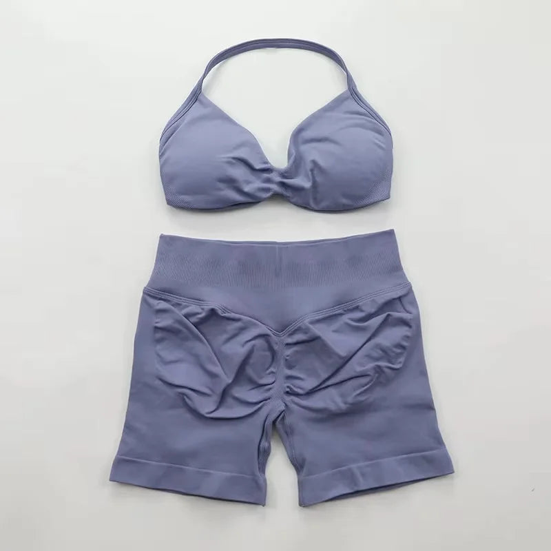 Ensemble de Yoga froncé sans couture pour femmes, vêtements de sport, short de gymnastique, soutien-gorge à bretelles, ensemble 2 pièces, col licou, vêtements d'entraînement, costume de Fitness