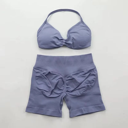 Ensemble de Yoga froncé sans couture pour femmes, vêtements de sport, short de gymnastique, soutien-gorge à bretelles, ensemble 2 pièces, col licou, vêtements d'entraînement, costume de Fitness