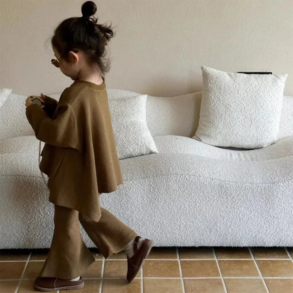 Ensemble pour enfants, couleur unie, ample, col rond, Cape, haut et pantalon évasé, ensemble 2 pièces, à la mode, nouvelle collection automne 2023