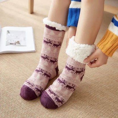 Cadeau de noël pantoufle chaussettes femmes thermique hiver chaud en peluche antidérapant poignée dormir sol chaussette courte floue moelleux femme dessin animé