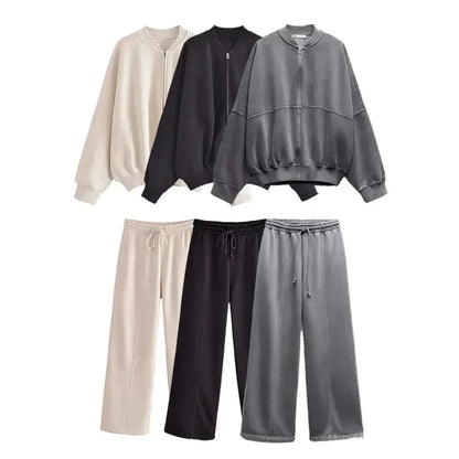 Ensemble 2 pièces à la mode pour femme, sweat-shirt polaire doublé, veste bombardier extensible + pantalon taille haute pour femme sauvage, hiver 2025