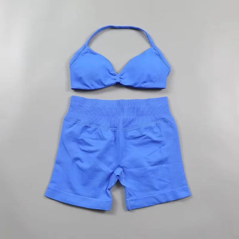 Ensemble de Yoga froncé sans couture pour femmes, vêtements de sport, short de gymnastique, soutien-gorge à bretelles, ensemble 2 pièces, col licou, vêtements d'entraînement, costume de Fitness