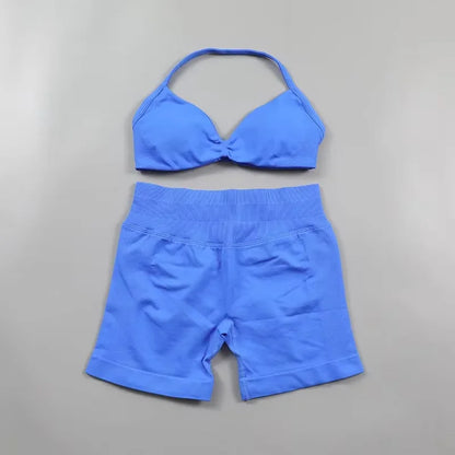 Ensemble de Yoga froncé sans couture pour femmes, vêtements de sport, short de gymnastique, soutien-gorge à bretelles, ensemble 2 pièces, col licou, vêtements d'entraînement, costume de Fitness