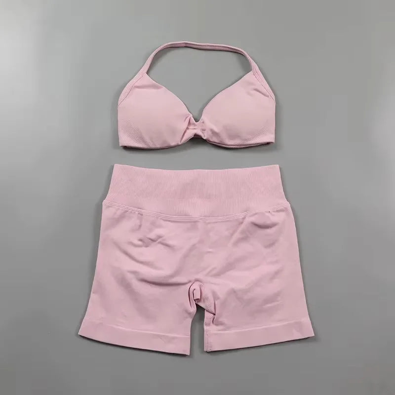Ensemble de Yoga froncé sans couture pour femmes, vêtements de sport, short de gymnastique, soutien-gorge à bretelles, ensemble 2 pièces, col licou, vêtements d'entraînement, costume de Fitness