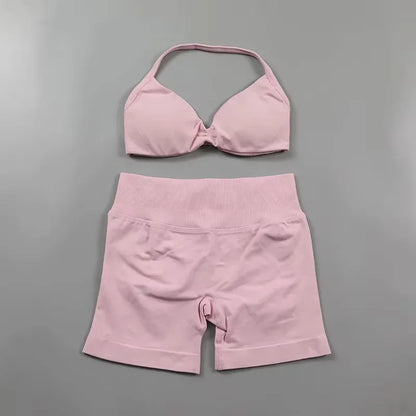 Ensemble de Yoga froncé sans couture pour femmes, vêtements de sport, short de gymnastique, soutien-gorge à bretelles, ensemble 2 pièces, col licou, vêtements d'entraînement, costume de Fitness