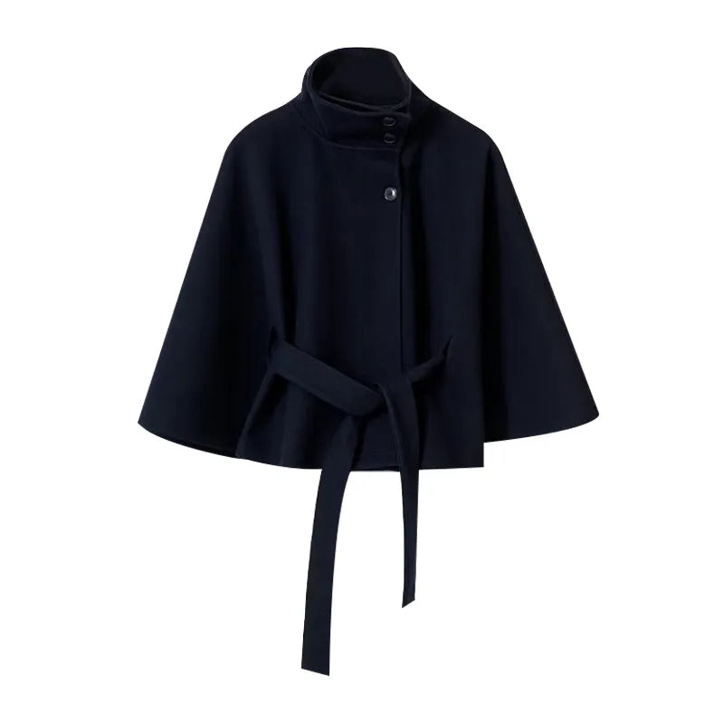 Manteau femme Cape courte manteaux pour femmes ceinture fausse laine et mélanges manteaux automne hiver solide manteaux élégant Cape veste dames