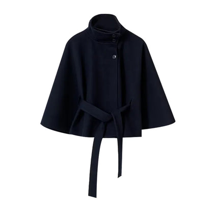 Manteau femme Cape courte manteaux pour femmes ceinture fausse laine et mélanges manteaux automne hiver solide manteaux élégant Cape veste dames