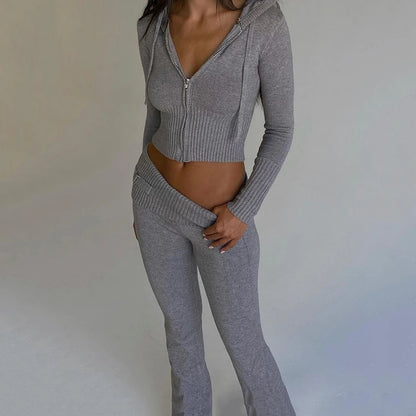 Tenue 2 pièces en tricot côtelé pour femmes, manches longues, fermeture éclair, coupe cintrée, haut court à capuche, pantalon Long élastique, ensemble survêtements Y2K