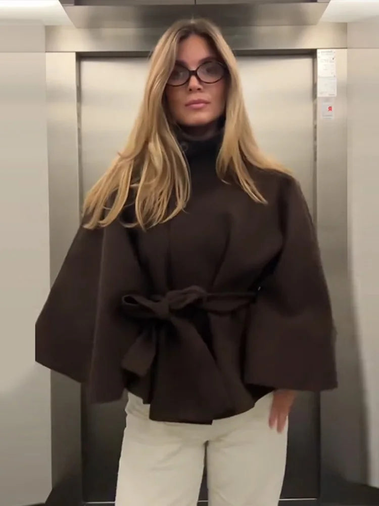 Manteau femme Cape courte manteaux pour femmes ceinture fausse laine et mélanges manteaux automne hiver solide manteaux élégant Cape veste dames