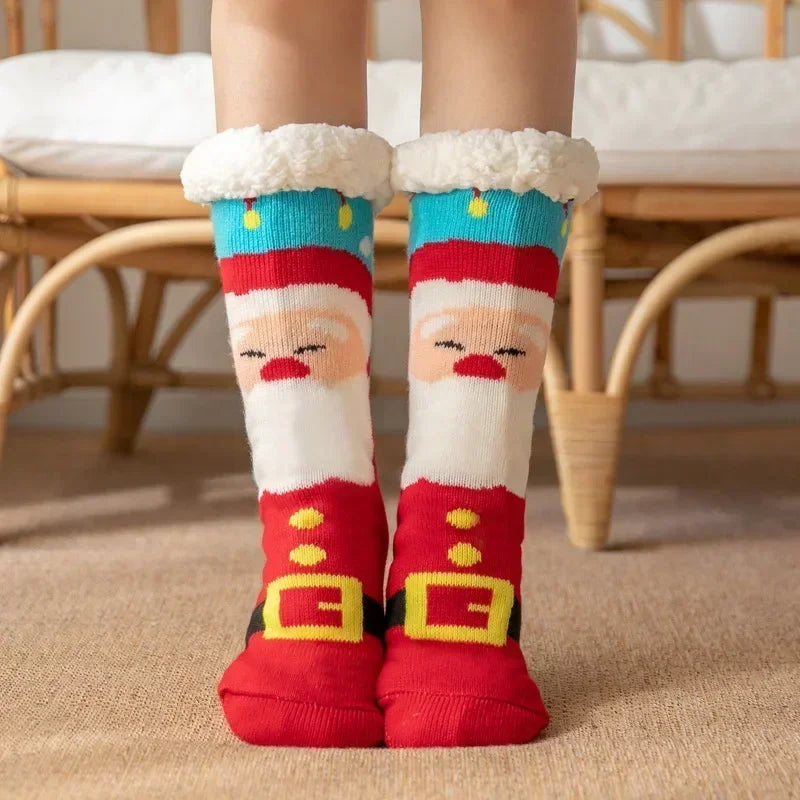 Cadeau de noël pantoufle chaussettes femmes thermique hiver chaud en peluche antidérapant poignée dormir sol chaussette courte floue moelleux femme dessin animé