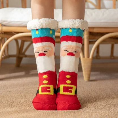 Cadeau de noël pantoufle chaussettes femmes thermique hiver chaud en peluche antidérapant poignée dormir sol chaussette courte floue moelleux femme dessin animé