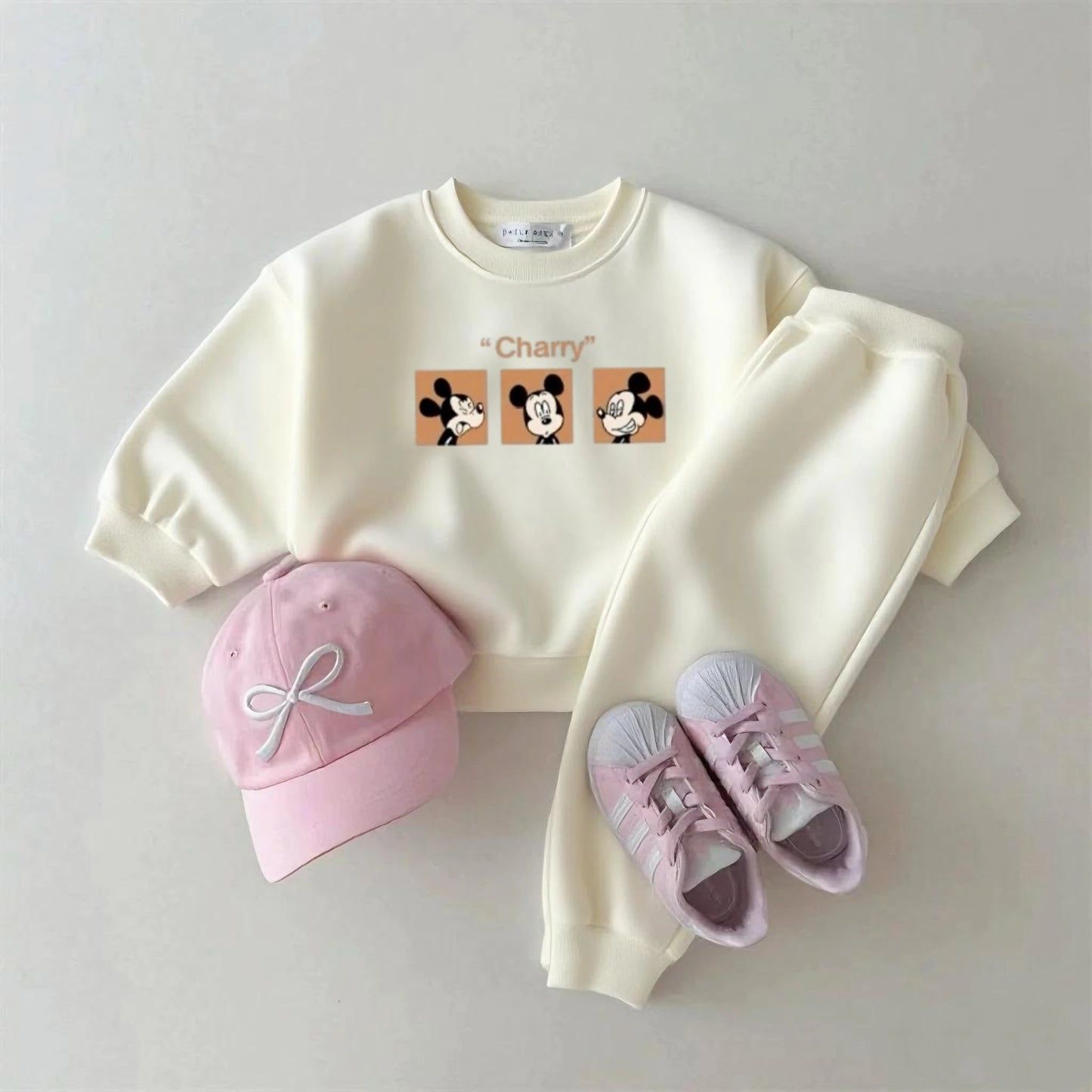 Costumes à manches longues Mickey Mouse imprimé sweats + pantalons deux pièces automne vêtements beaux sweats à capuche couleur unie pantalon enfant